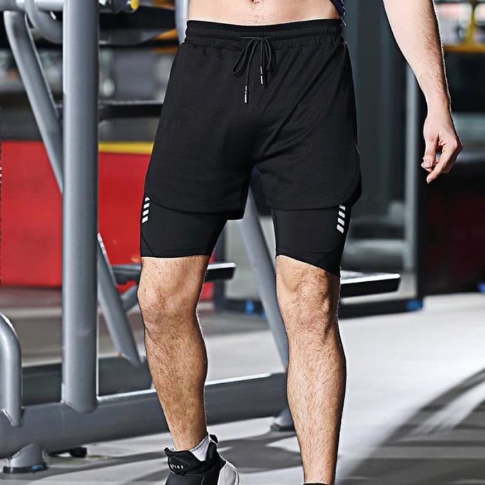 Short de Compression 2 en 1 pour Homme - Marque - Noir - Running