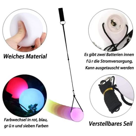 Funmo Lot De 2 Poi Balls LED – Couleurs Arc-en-Ciel, 9 Modes, Corde Réglable 70 Cm – Danse Et Spectacle