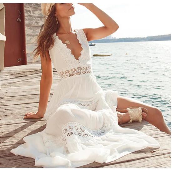 Robe de plage moulant longue femme sans manche cle blanc mariage elegant soiree cocktail pas cher Blanc Cdiscount Pret a Porter
