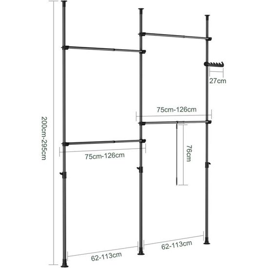 Porte-vêtements Télescopique 4 Barres - Hauteur Et Largeur Ajustable - Pour Dressing Ou Débarras