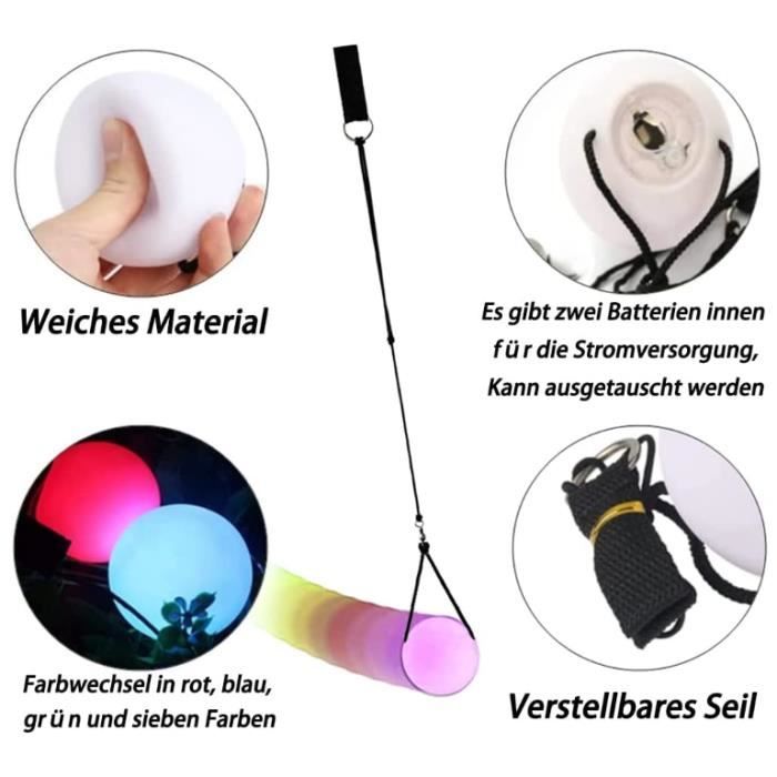 Balle Jonglage Lumineuse Jeu De 2 Poïs Lumineux à LED - Balle De Jonglage Avec Effets Arc-en-Ciel Et Stroboscope - Pour Enfants Et Adultes
