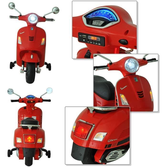 HOMCOM Scooter moto électrique enfants 6 V dim. 102L x 51l x 76H cm musique  MP3 port USB klaxon phare feu AR rouge Vespa pas cher 
