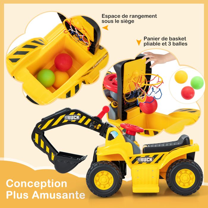 Voiture Électrique Enfants Tractopelle avec Panier de Basket Pliable et 3 Balles, Effets Sonores Voiture Électrique Enfants Tractopelle avec Panier de Basket Pliable et 3 Balles, Effets Sonores