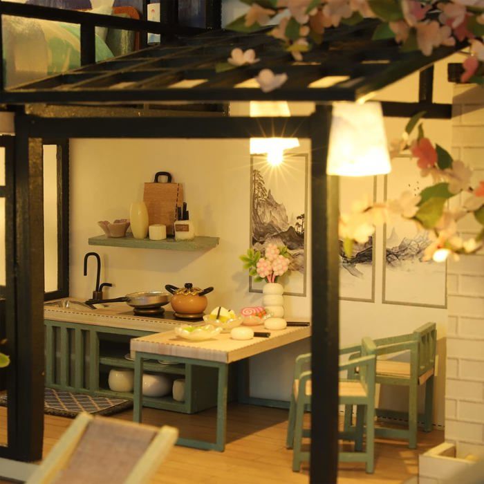 Maquette DIY Maison De Poupée – Chambre Fleurie En Bois 22 Cm, Lumineuse, Dès 14 Ans – Kit Créatif