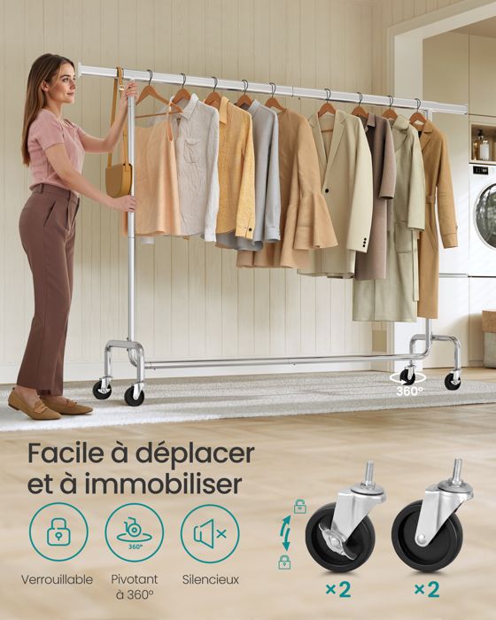 Portant à Vêtements à Double Tige Avec Roues, Organisateur De Vêtements à Roulettes Pour Suspendre Des Vêtements, Portant à Vêtements En Métal Robuste Sur Roues Avec étagère De Rangement Et Crochets