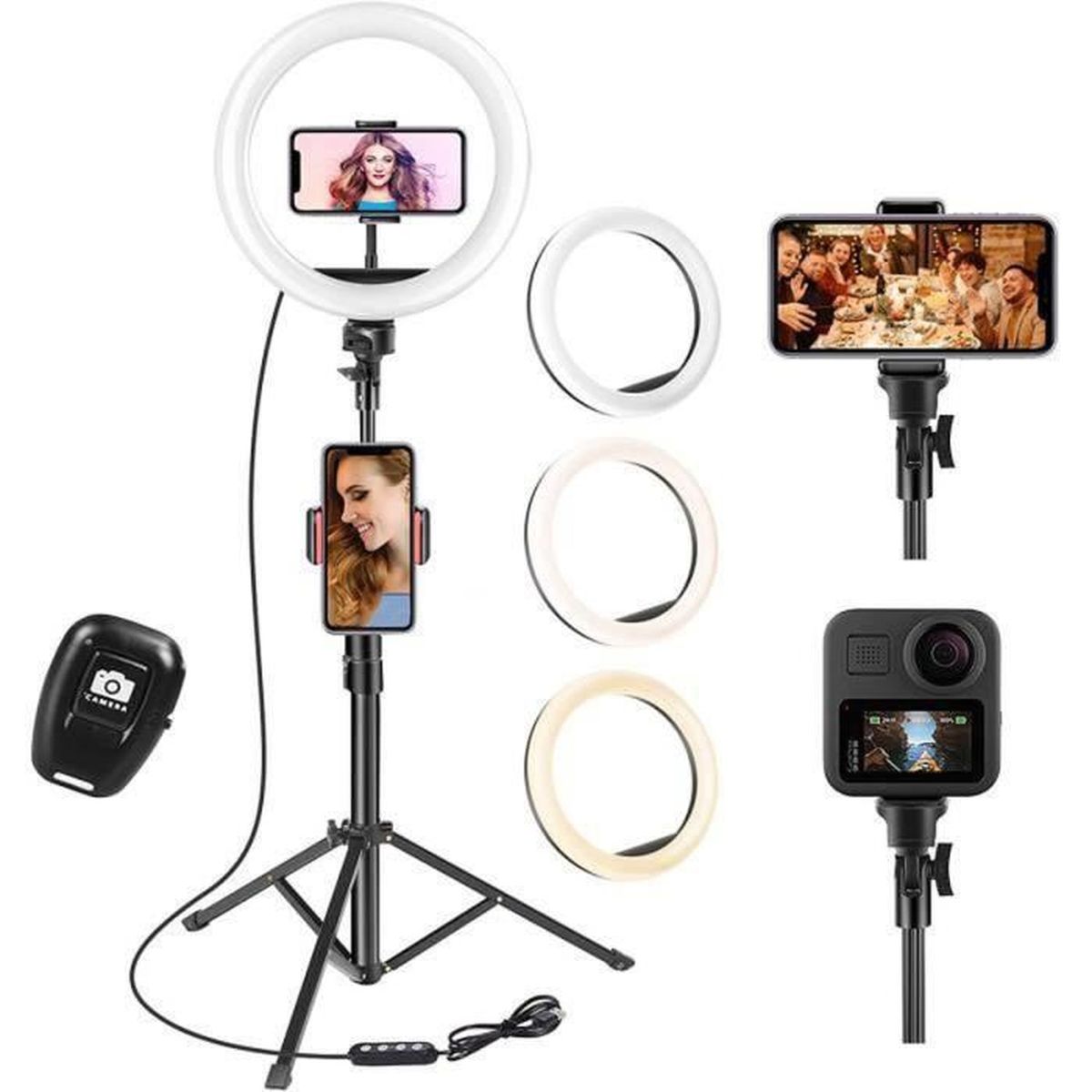 Samsung Anneau LED pour Selfie PEYOU Huawei. pour iPhone X / 8/7 / 6/6 Plus Support avec contrôleur Bluetooth 3 Modes déclairage et 10 Modes de luminosité réglables Rotation à 270 ° 