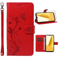 Verre trempé+Housse pour Xiaomi Redmi 14C 6.88", Coque Protection en Cuir PU Magnétique Portefeuille Etui, Arbre à fleurs rouge XHS