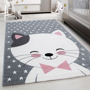 TAPIS Tapis pour Chambre d'Enfant et de Bébé, Joli motif de chat, couleur rose gris et blanc, Taille 140 x 200 cm