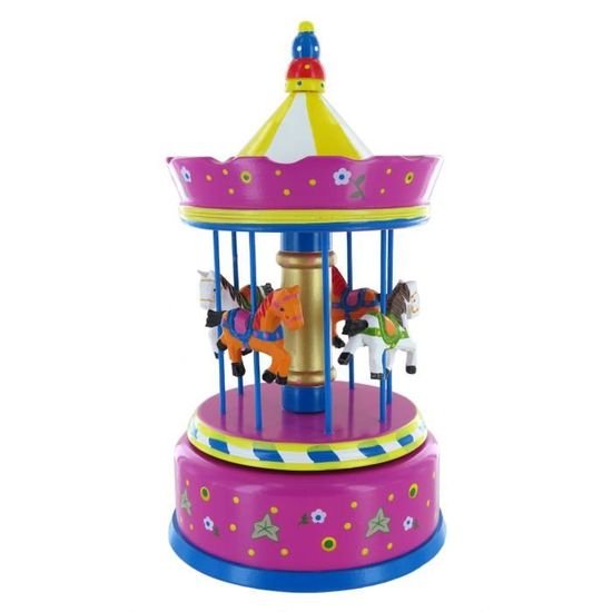 Boîte à Musique Carrousel Trompette - Ornement En Bois Tournant Avec Chevaux - Mécanique à Remontage - Rose Et Blanc 20 Cm Ornement Chevaux Tournants Mécanique