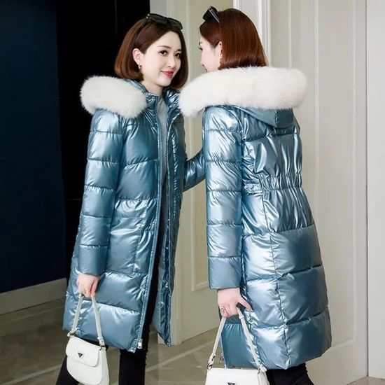 Doudoune Parka Femme à Capuche Fourrure - Brillant Noir - Style Coréen - Neuf Avec étiquettes