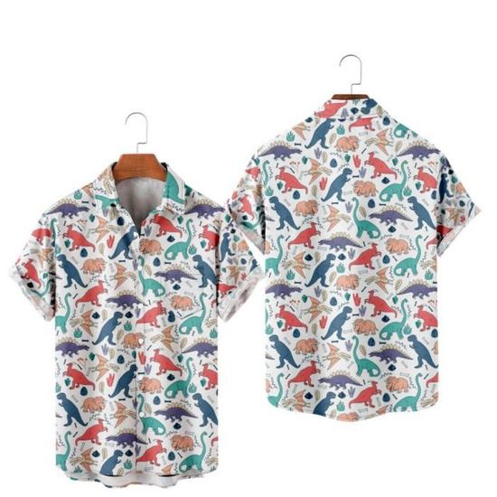 Chemise Hawaïenne Homme à Manches Courtes - Imprimé Dinosaure, Polyester Léger - Pour été, Plage, Vacances - 9