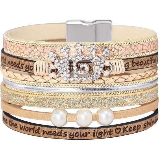 Bracelet Multicouche En Cuir Véritable Tressé - Vert, Beige, Blanc - Fermoir Mousqueton - 19-20 Cm