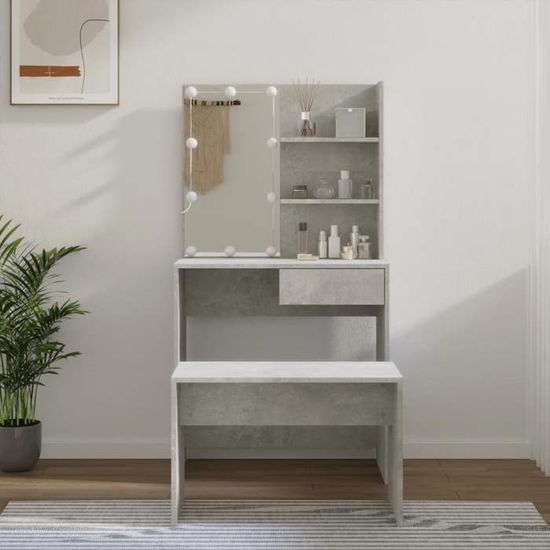 Coiffeuse Avec LED Et Miroir VidaXL – Meuble Rangement Maquillage 96x40x142 Cm – Style Sonoma Gris, Bois Ingénierie
