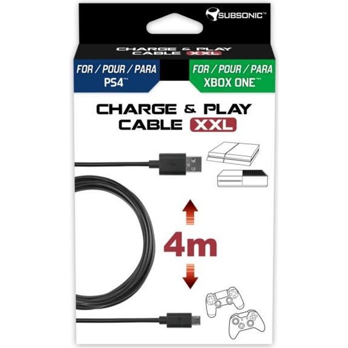 Subsonic accessoire cable de recherge micro usb de 4 mètres pour manette PS4 et Xbox One