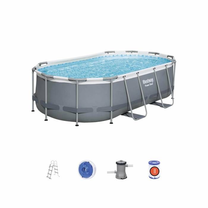 Kit piscine complet BESTWAY – Spinelle grise – piscine ovale tubulaire 4x2 m, pompe de filtration, échelle et kit de réparation
