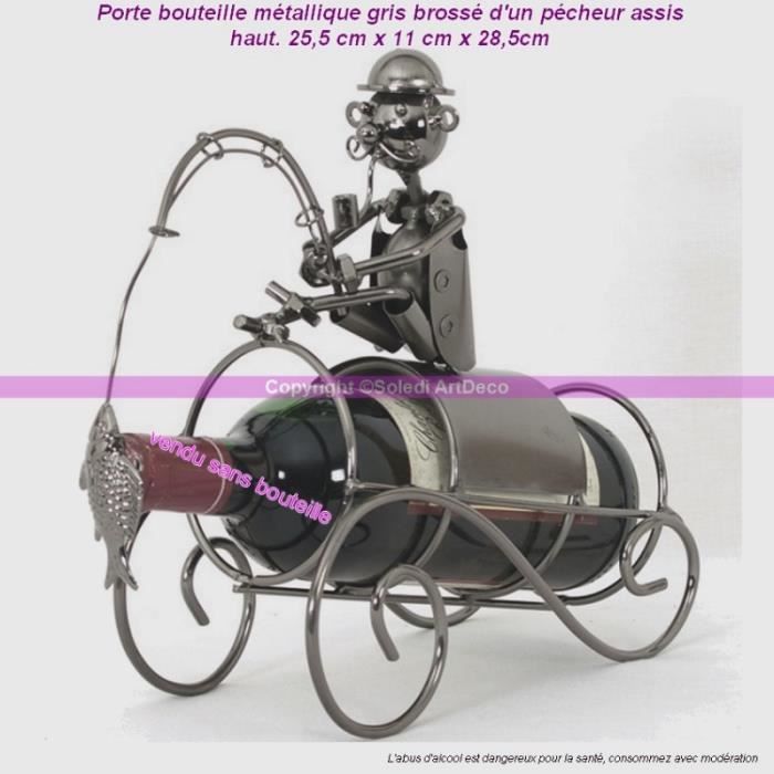 Porte Bouteille Métal brossé gris Pécheur assis, Range bouteille Design original H.25,5x11x28,5cm - Unique