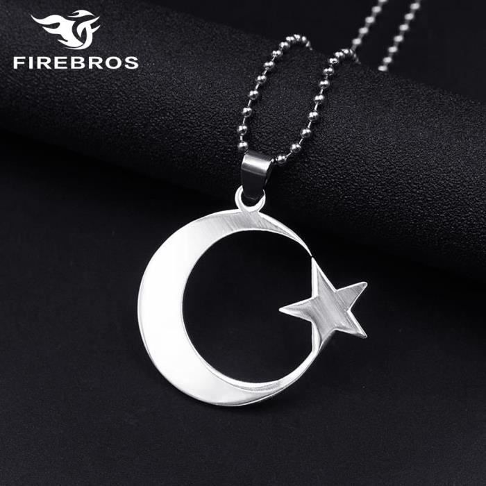 FIREBROS collier croissant de lune en acier inoxydable, pendentif amulette musulmane islamique spirituel, bi 50cm 20inch -THJR9246