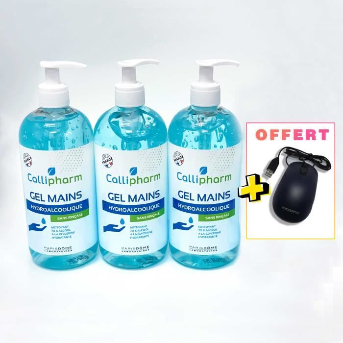 3 Bouteilles de Gel hydroalcoolique désinfectant MATERIEL PARAMEDICAL Callipharm 500ML !!!OFFER + unesouris filaire par commande!!!