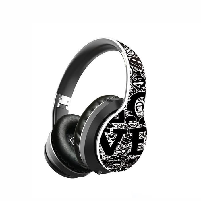 Casque sans fil pliable Bluetooth 5.0 avec crochets d'oreille graffiti et microphone stéréo Hi-Fi pour ordinateur portable