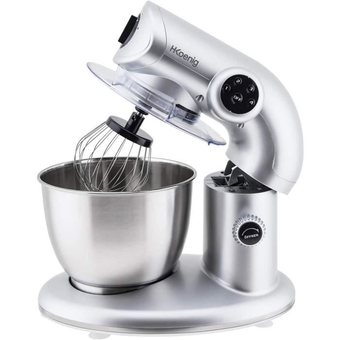 H.Koenig Robot Pétrin Professionnel Multifonctions 5.5L KM80 Inox gris Puissant 1000W, Robot Cuisine Pâtissier Pétrin 4 vitesses, Fo