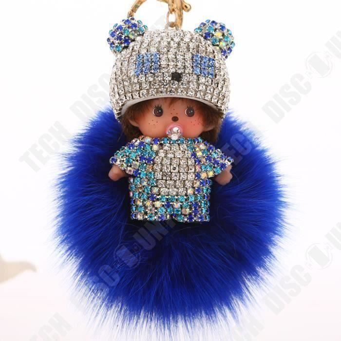 Monchichi Kiki Chapeau porte-clés accessoires de voiture diamant couleur bleu idéal pour accrocher anneaux mousquetons porte-clé