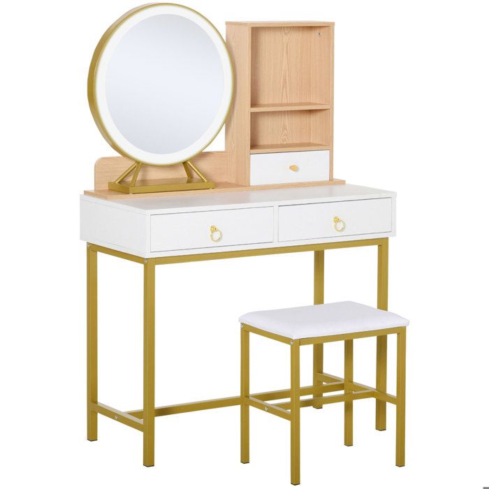 Coiffeuse design art déco - miroir LED intégré - 3 tiroirs, 2 niches - métal doré panneaux particules blanc bois clair