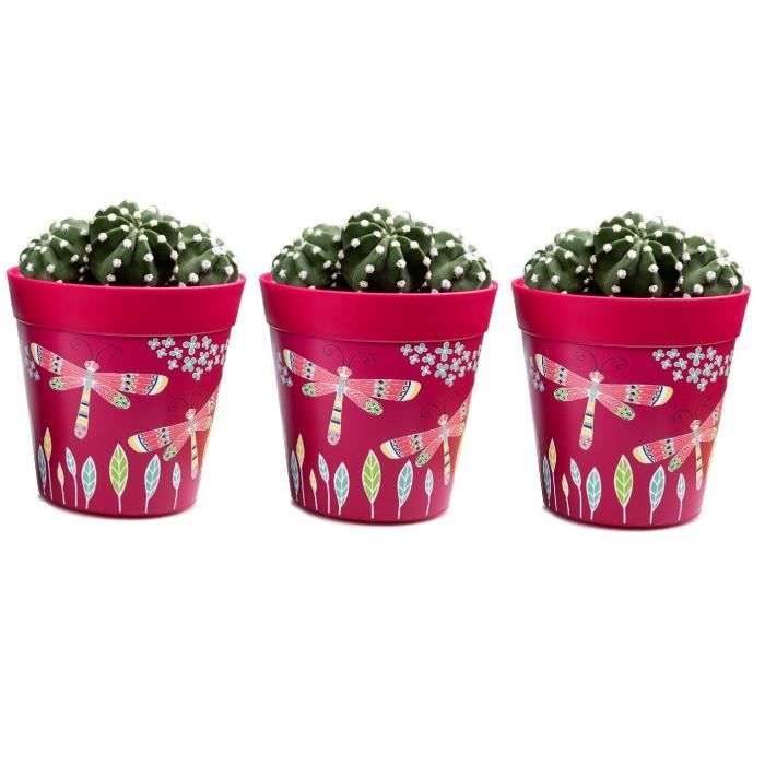 Hum Flowerpots Ensemble de 3 Pots de Fleurs Colorés Libellules Roses