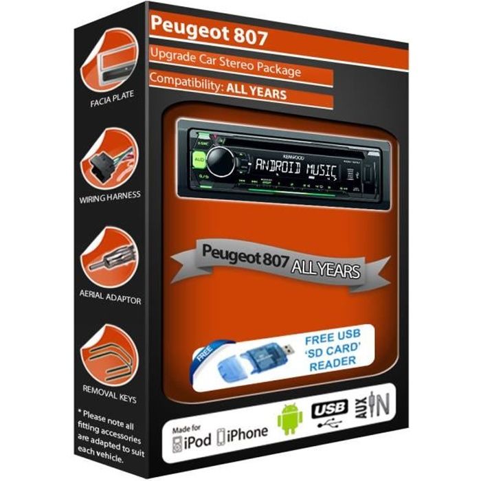 Peugeot 807 car stereo radio, Kenwood CD MP3 Player with Front USB AUX In