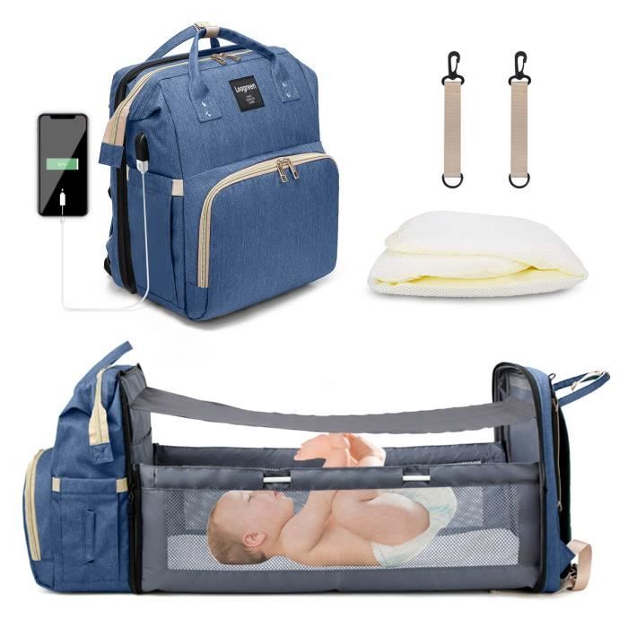 Leogreen Sac à Dos à Langer avec Lit Plié pour Bébé, Grande Capacité Sac à Couches Multifonction Imperméable, Bleu Foncé