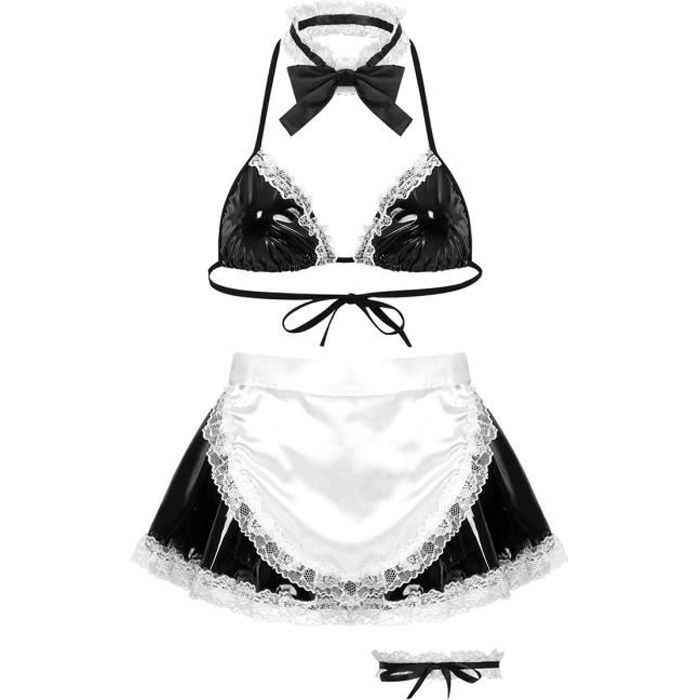 Femme Déguisement Soubrette Tenue Cuir Sexy Soutien-Gorge Robe Cocktail Clubbing avec Tablier Mini Robe de Servante Clubwear S-XL