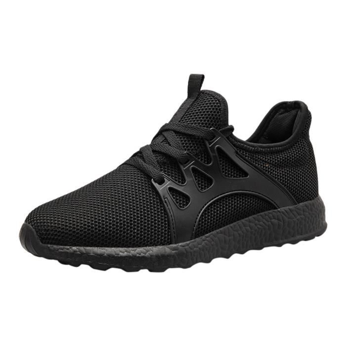 Hommes de mode décontracté maille à lacets solide chaussures de course de sport baskets légères Noir