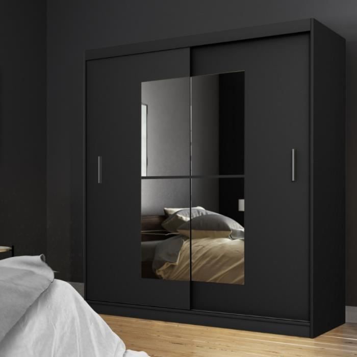 Armoire avec miroir - VANIVA - 180 cm - noir - portes coulissantes