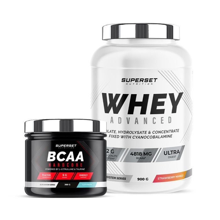 Programme Galbe Musculaire - 100% Whey Proteine Advanced 900g Mangue Fraise - BCAA Hardcore Tutti Frutti