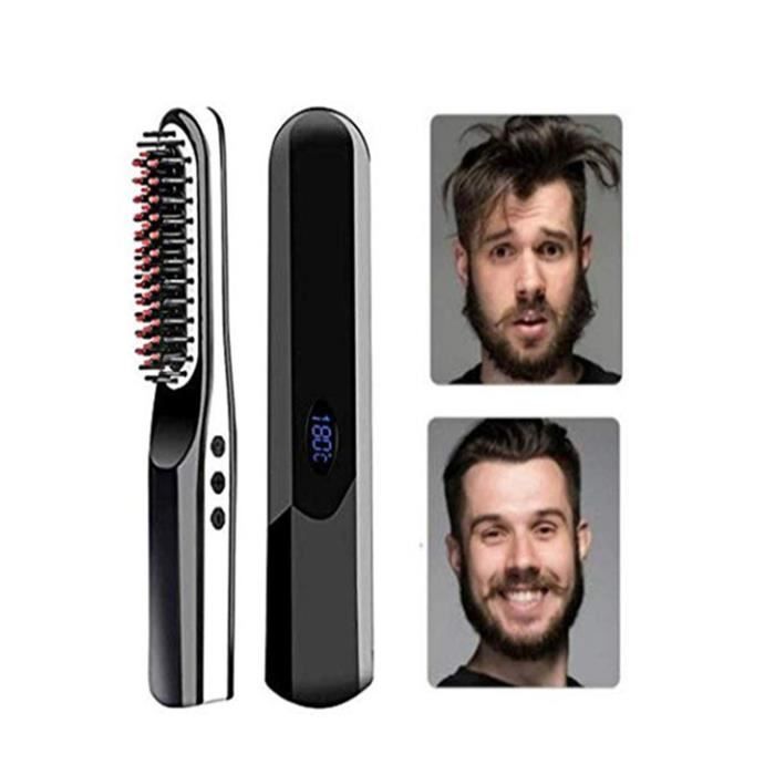 Peigne électrique 2 en 1 Brosse Lissante Chauffage Céramique Sans Fil Peigne Lissage Cheveux/Barbe Température Réglable pour Adultes