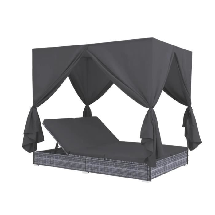 Chaise longue d'extérieur avec rideaux Résine tressée Gris