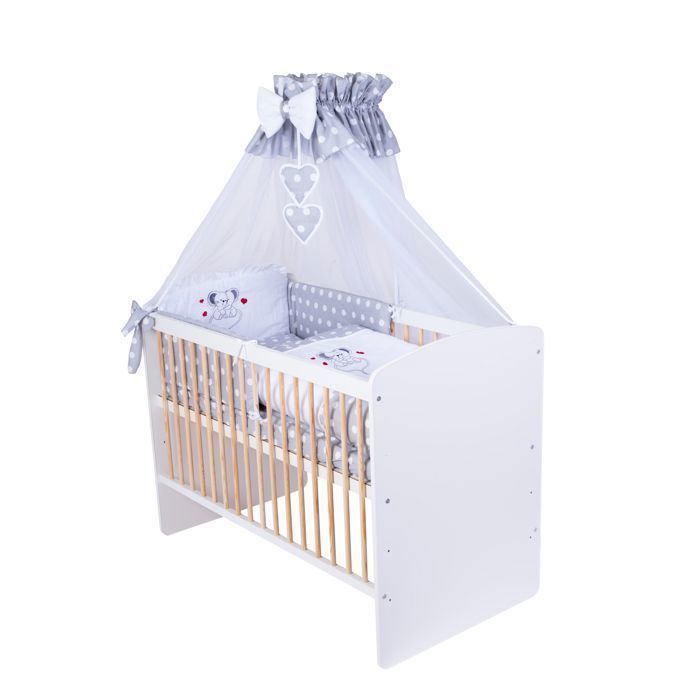 KMBaby Lit Bébé K2 Blanc 120x60 cm Barreaux Bois Avec Matelas et Parure 11 Pièces Grise Pois Souris - Pin et MDF