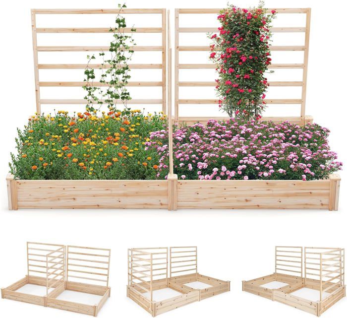 Jardinière Avec Treillis Tomostar 120x40x136 Cm - Bac à Fleurs Surélevé Noir En PP Pour Plantes Grimpantes