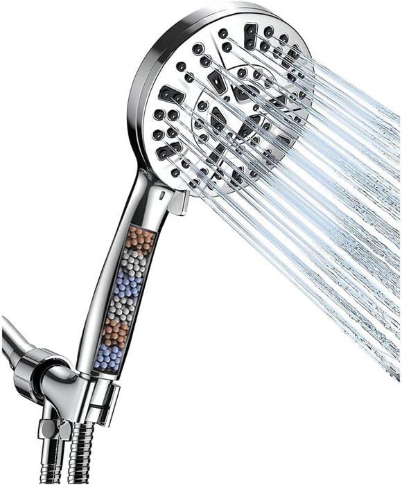 Pommeau De Douche Haute Pression Avec Flexible 150 Cm Et 4 Filtres - Économe Et Mat, Argenté