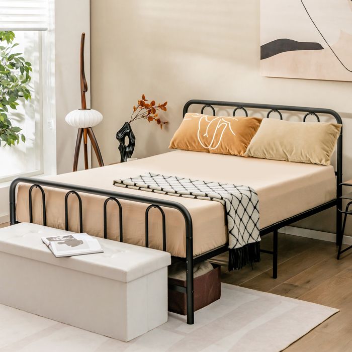 COSTWAY Cadre de Lit 140 x 190 cm Lit Double pour Adulte Support de Lattes en Acier avec Rangement sous Lit 32 cm Noir