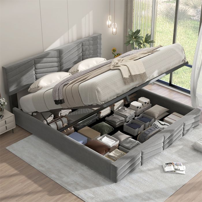 Lit adulte - SEA WALL - 160x200 - Coffre de rangement - Tête de lit réglable - Velours gris