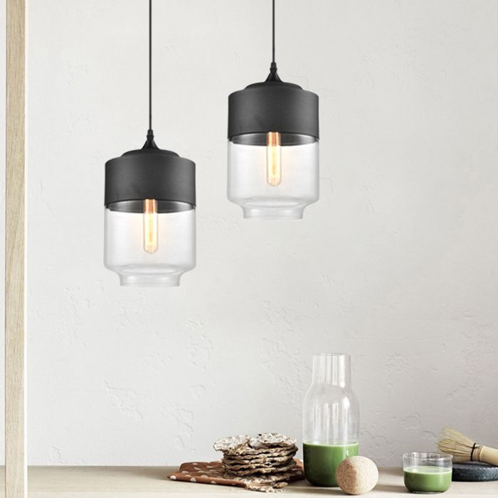 SNOGOLD 2PCS Suspension Luminaire Industriel E27 Lustre Moderne Abat-jour Cylindre Noir/Transparent en Verre - Ø18 * H31cm