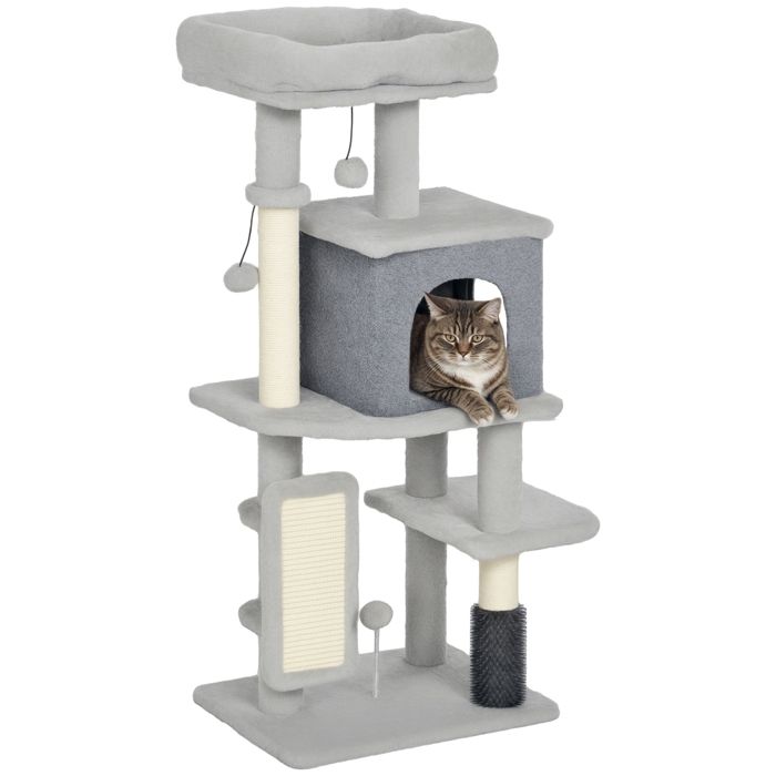 Arbre à chat - PawHut - hauteur 104 cm - avec tapis griffoir lit maison pour chat brosse de toilettage plateformes - gris clair