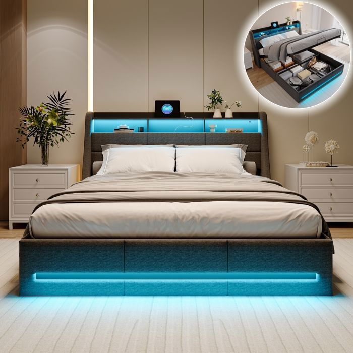 Lit capitonné, 140 x 190 cm, lit double avec Siècle des Lumières LED, cadre de lit Lit capitonné, 140 x 190 cm, lit double avec Siècle des Lumières LED, cadre de lit