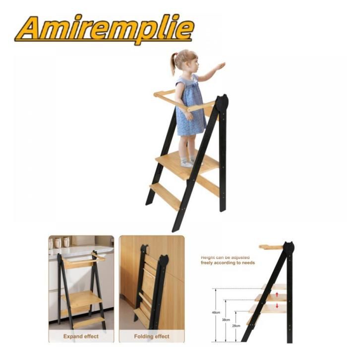 Amiremplie Tour dapprentissage pliable en bambou pour enfants - Tabouret réglable en hauteur 88*45*45cm noir