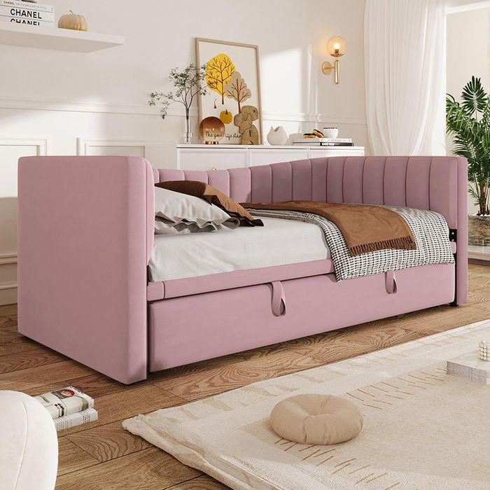 Lit Gigogne rembourré 90/180 x 200 cm canapé-lit lit simple double - SWEIKO - Velours Rose Lit Gigogne rembourré 90/180 x 200 cm canapé-lit lit simple double - SWEIKO - Velours Rose