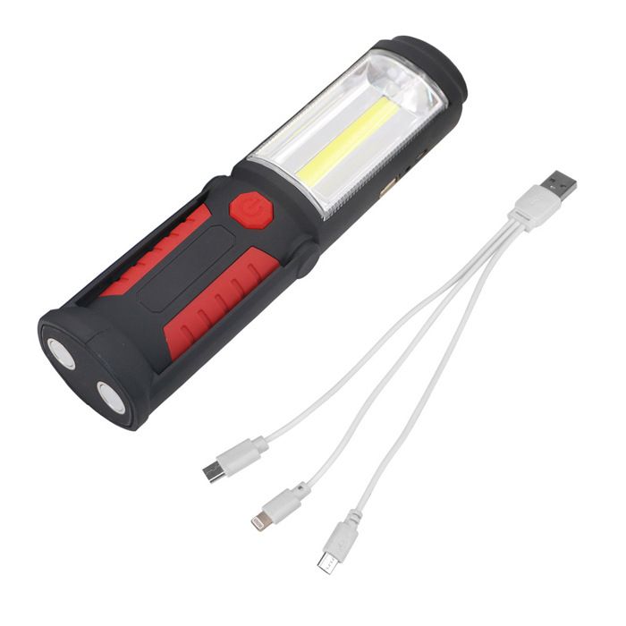 Lampe de travail rechargeable USB 3W LED COB 2 en 1 mains‑libres rouge – crochet et base magnétique