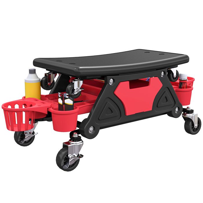 Tabouret datelier mobile - HOMCOM - charge 135kg - avec roulettes rotatif à 360° - avec plateaux tiroir et porte-bouteilles - rouge Tabouret datelier mobile - HOMCOM - charge 135kg - avec roulettes rotatif à 360° - avec plateaux tiroir et porte-bouteilles - rouge