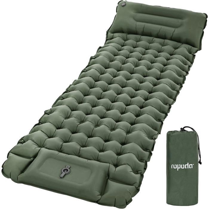 Matelas gonflable de camping ultraléger avec oreiller, pompe à pied  intégrée, étanche et sac de transport, gris