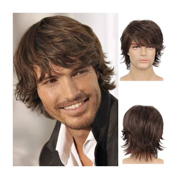 Perruque Homme Synthétique Brune Courte - Texture Lisse, Frange, Bonnet Moyen - Neuf Sans étiquettes