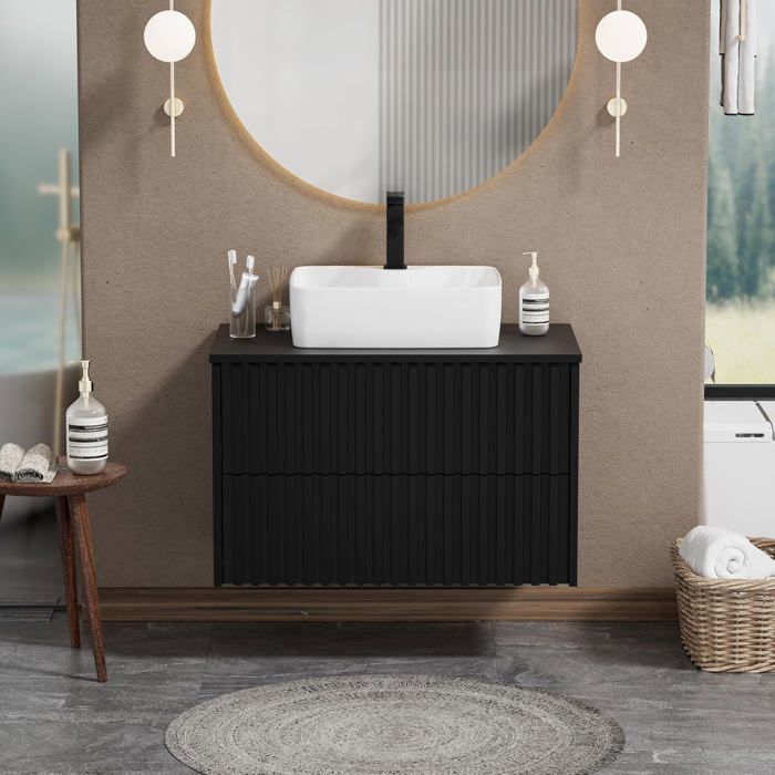 GOOBUY Meuble Salle de Bain Meuble Suspendu 81cm avec Vasque à Poser Lavabo en Céramique Motif de Ligne 81 x 46 x 52 cm Noir